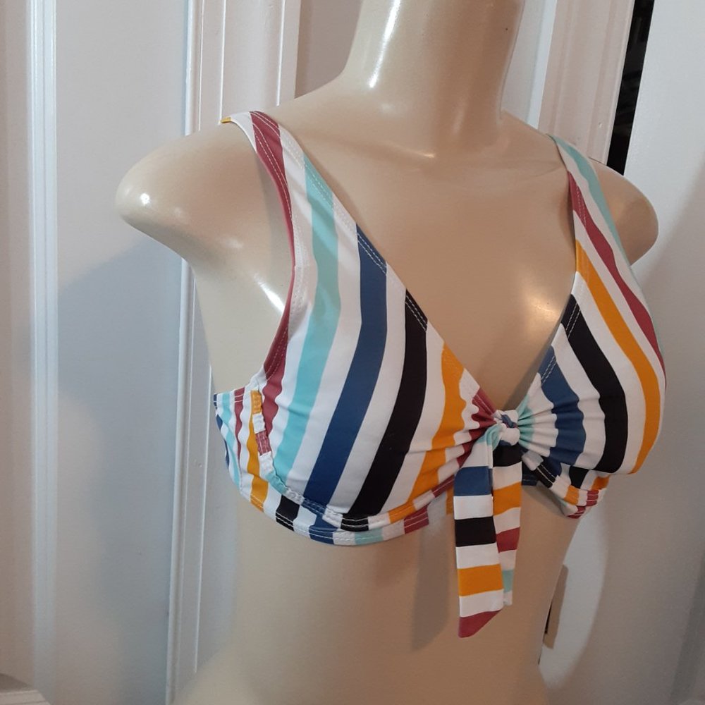 White/Red/Blue/Yellow/Black Multicolored Striped Tie Bust Bikini Top - Picture 7 of 14